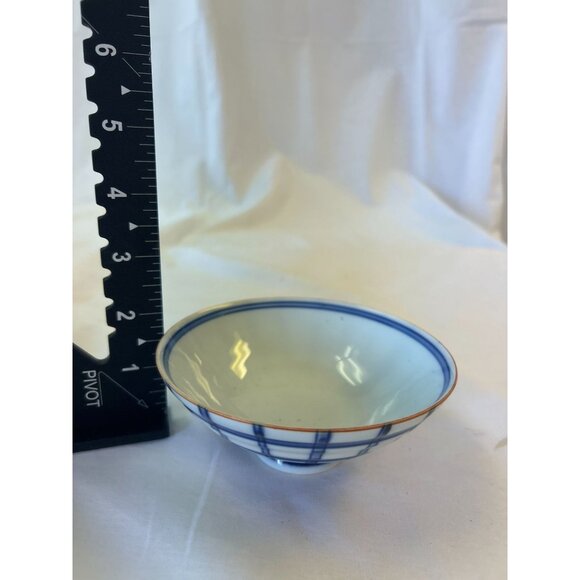 Vintage Blue & White Arita Ware Ceramic Bowls With Orange Rim Accents - Set of 2 - Picture 4 of 4